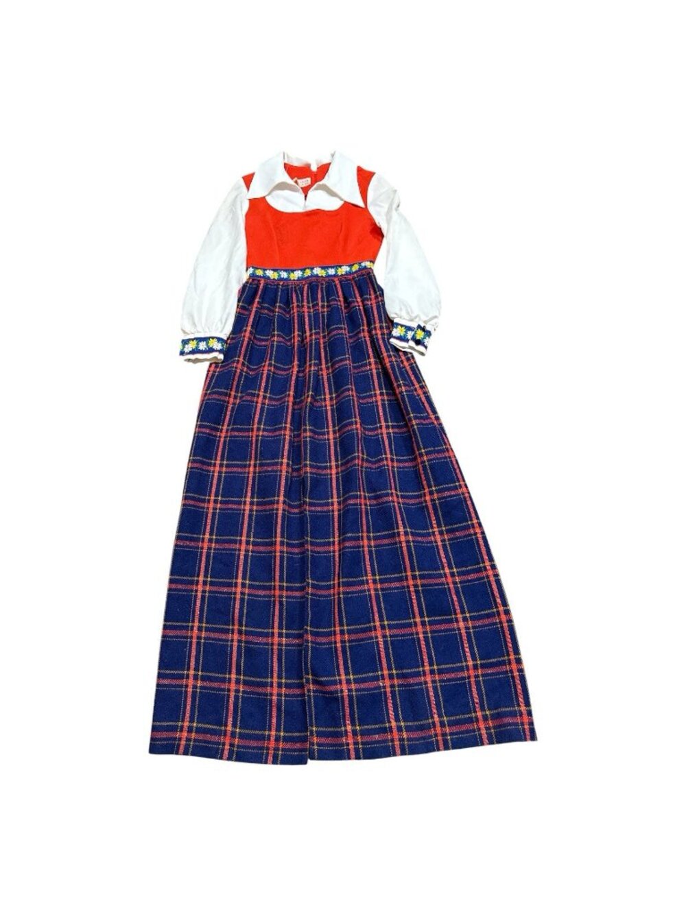 Vintage 60’s Melissa Lane Folk Style Cottage Dress Plaid with Daisy Trim Sz 10